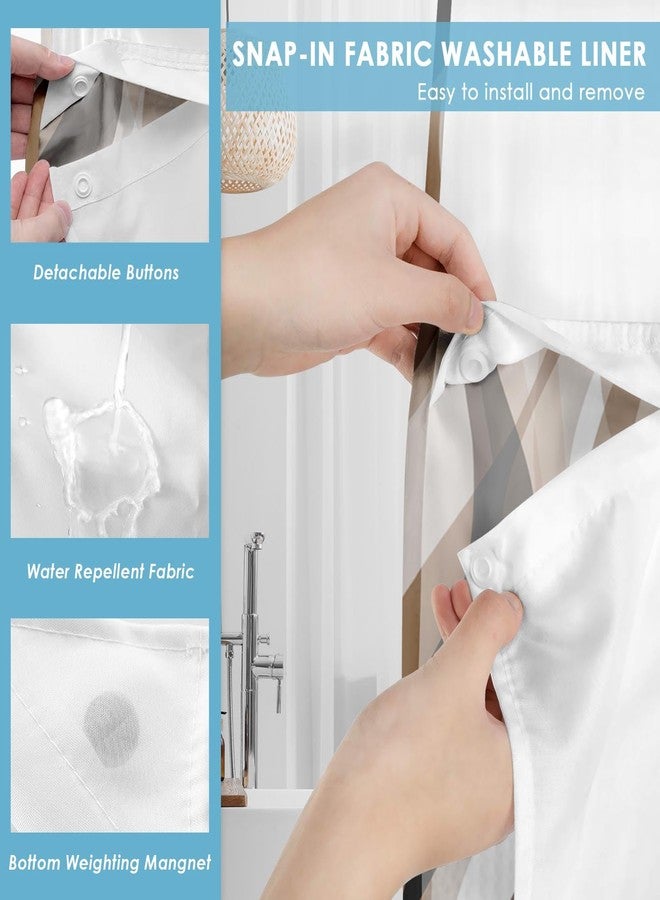 Nesphy No Hook Brown Shower Curtain with Snap in Fabric Liner Set, Modern Abstract Striped Double Layers Waterproof Fabric with See Through Top Window Open Grommet Bath Curtain 71x74 Inch - Image 4